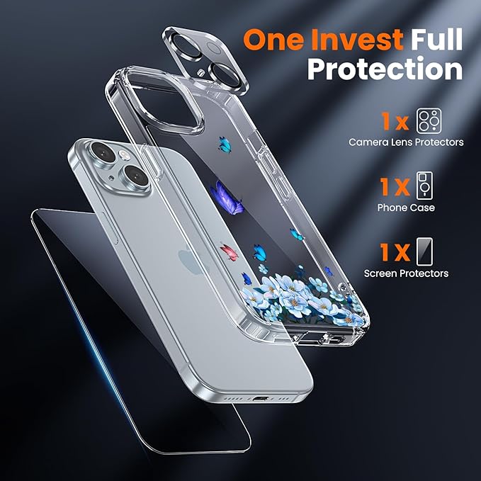 toushion 3 in 1 for iPhone 15 Case Clear, Screen Protector *1 & Camera Lens Protector*1, Print Shockproof for iPhone 15 Phone Case 6.1 inch Floral