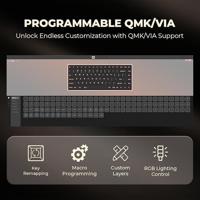 GLENCREAG WK84 USB-C Wired Wooden Mechanical Keyboard, 75% Layout 84 Keys, RGB Backlit, Hot-Swappable Green Switches, QMK/VIA Programmable, for Gaming & Typing