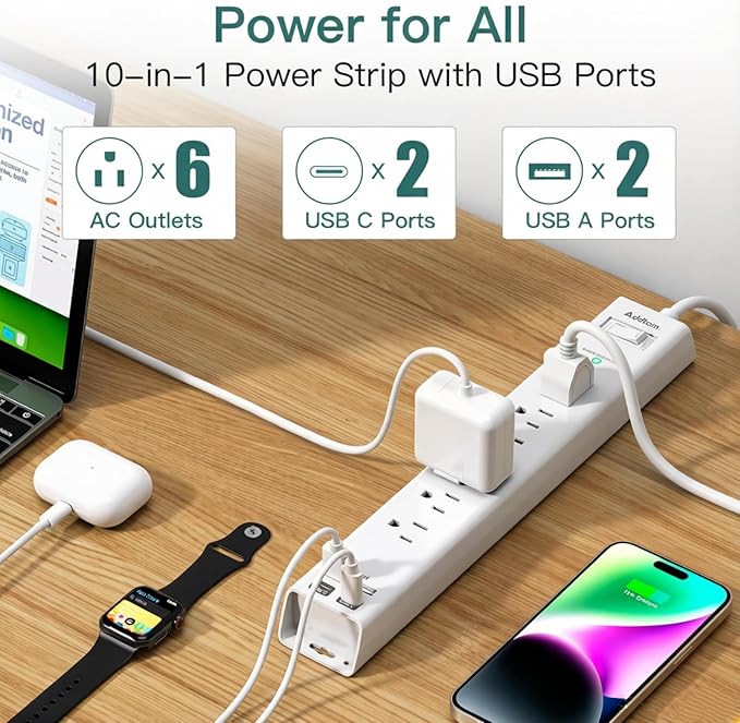 Addtam 5ft Power Strip Surge Protector, 6 Outlets and 4 USB Ports (2 USB C), Ultra Flat Plug Wall Mount, Multi Plug Outlet Extender Desktop Charging Station for Home Office Dorm Room Essentials