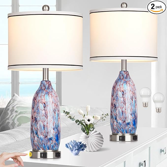 Rinweey 26" Coastal Glass Table Lamps Set of 2,Nautical lamp with USB A+C Ports & AC Outlet,Bule Bedside Lamps with 3-Way Dimmable Touch Control Night Light for Bedroom Living Room(Bulbs Included)