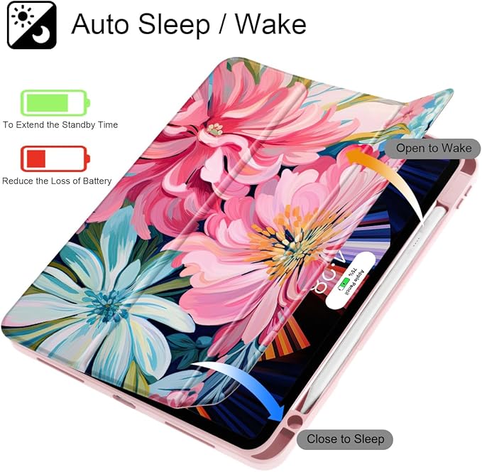 May Chen Case for iPad Pro 11-Inch M5/M4 2025/2024 (6th/5th Generation), Clear Transparent Print Back Shell Slim Stand Shockproof Tablet Cover, Auto Wake/Sleep, Flowers Painting