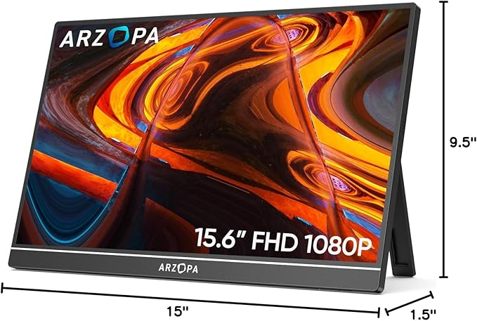 ARZOPA Portable Monitor 15.6'' FHD 1080P - Ultra-Slim Portable Laptop Monitor with Kickstand - IPS Display for PC, MAC, Phone, Xbox, PS5 - USB C & HDMI Connectivity - A1
