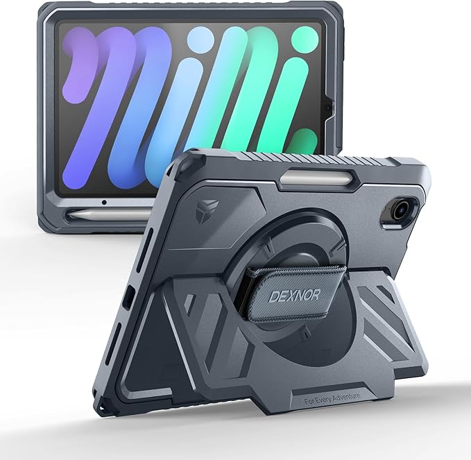 Dexnor Case for iPad mini 7 (A17 Pro) 2024/mini 6 2021 8.3 inch, Rugged Protective Case with 360° Rotating Hand Strap & Large Stand & Screen Protector & Pencil Holder Shockproof Full-Body Cover, Blue