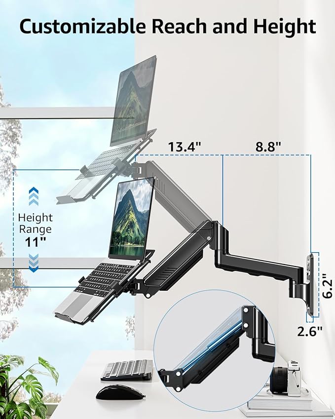 Laptop Wall Mount, 2-in-1 Monitor Wall Mount with Vented Tray fits Max 17" Notebook or 13-32" Computer Screen, Adjustable Laptop Arm Holds 4.4-22lbs, Gas Spring Laptop Holder Stand