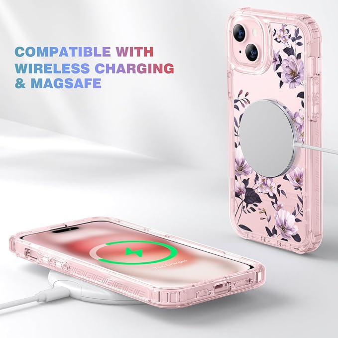 Diaclara Designed for iPhone 15 Plus Case 6.7 Inch Clear Floral Design,Full Body 360 Case w/Built-in Screen Protector+9H Glass Camera Lens Protector (Clear Flower)
