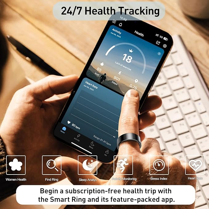 Smart Health Ring for Women Men Fitness Tracker with Heart Rate, Blood Oxygen,Sleep Monitoring, Step Counting, IP68 Waterproof for iPhone and Android, No Subscription (Bright Silver, 9)