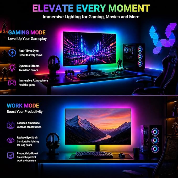 Monitor Backlight for 24-34 inch PC, 27 Inch Monitor Light with PC Sync, RGB LED Strip Lights for Gaming, Zero Delay Effect with Software Control, Works with Windows/Mac (27 inch)