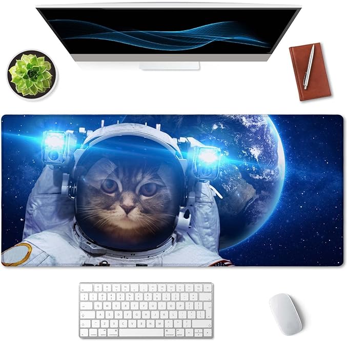 SSOIU Large Mouse Pad, Full Desk XXL Extended Gaming Mouse Pad 35.5" X 15.7", Waterproof Desk Mat Stitched Edges, Non-Slip Laptop Computer Keyboard Mousepad for Office and Home - Galaxy Astronaut Cat