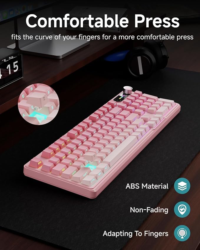 EWEADN V102 Wired Keyboard, 98 Keys Creamy Gaming Keyboard with Number Pad, Display Screen & Media Knob RGB Silent Wired Cute Computer Keyboard for Laptop PC Gamer - Gradient Pink