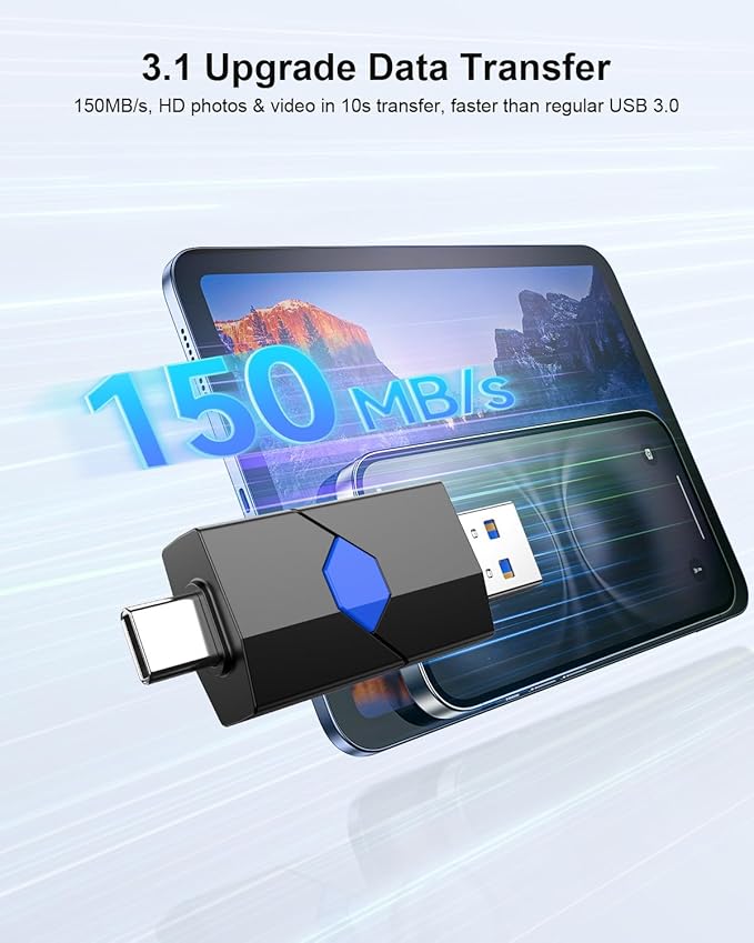 256GB USB Flash Drive, JUANWE USB 3.1 Thumb Drive 150MB/s High Speed Transfer, Dual Port USB Type-C & Type-A Memory Stick for Phone, Laptop, Tablet, Blue