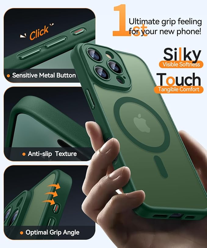 CANSHN Magnetic Compatible with iPhone 16 Pro Max Case, Upgraded [Full Camera Protection] [Compatible with Magsafe] [Translucent Matte] Shockproof Protective Phone Case Cover 6.9 Inch - Deep Green