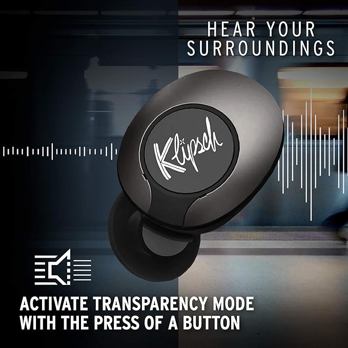 Klipsch T5 II True Wireless Bluetooth 5.0 Earphones in Gunmetal with Transparency Mode, Beamforming Mics, Best Fitting Ear Tips, and 32 Hours of Battery Life in a Slim Charging Case