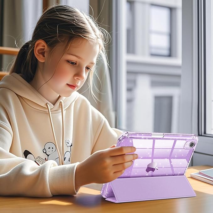 Fintie Slim Case for iPad Mini 7 (A17 Pro, 7th Generation) 2024 / iPad Mini 6 (6th Gen) 8.3 Inch - [Built-in Pencil Holder] Glittering Sparkly Shockproof Cover w/Shiny Clear Back Shell, Purple