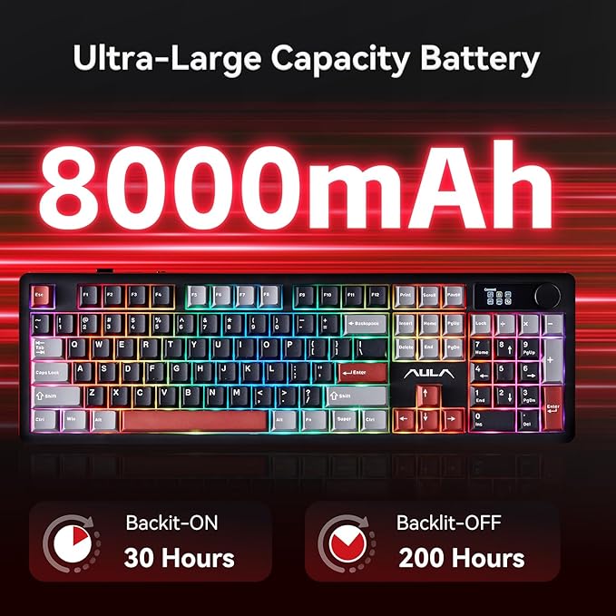 AULA F106 PRO Wireless Mechanical Keyboard, 104 Keys Gaming Keyboard with Knob & Screen, Tri-Mode RGB Hot Swappable Creamy Sounding Computer Keyboards for PC/Laptop/Windows - Black Red