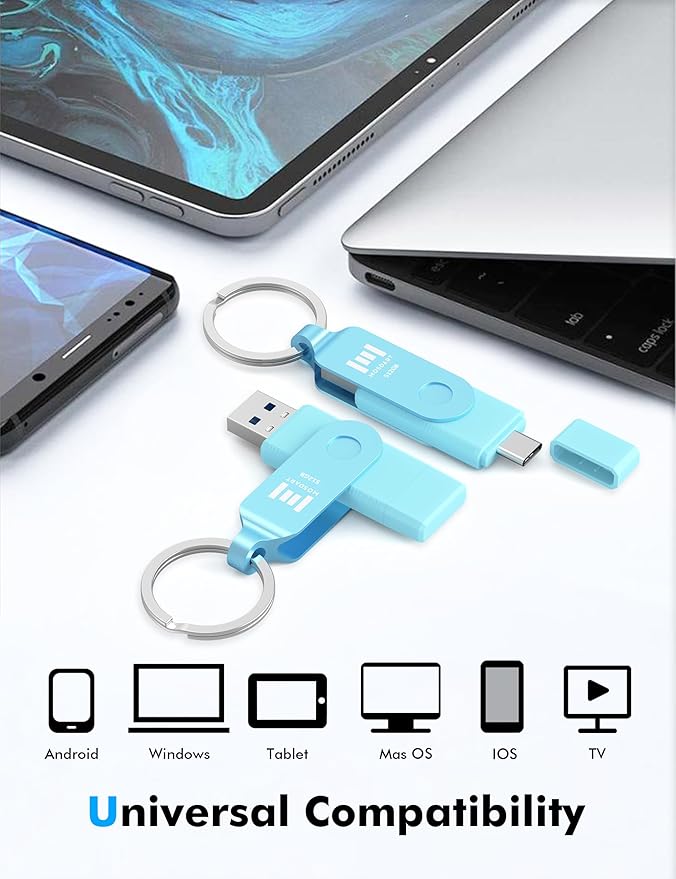 MOSDART 512GB USB C 3.2 Fast Speed C and A Dual Flash Drive, exFAT Memory Stick with Keychain and LED Indicator, for iPhone 15,16,17, Android Phone, iPad, MacBook, and Other Laptops, Sky Blue