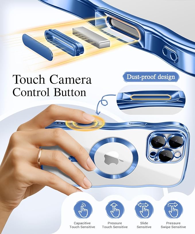 GVIEWIN for iPhone 16 Pro Max Case Compatible with MagSafe, Upgraded [Full Camera Protection][Cute Wave Frame][Military Grade Protection] Electroplated Soft Phone Cover for Women, Clear/Light Blue