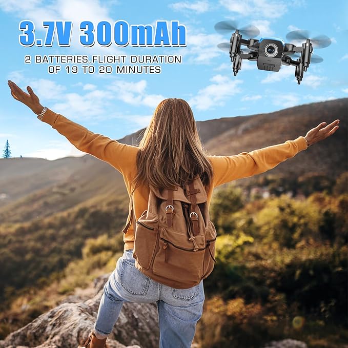 Drones for Kids with Camera, Mini RC Quadcopter Toy with Foldable Wings, Voice & Gesture Control, Altitude Hold, Full Propeller Guard, 2 Batteries, Birthday Gifts for Boys and Girls Ages 8-14 (Blue)