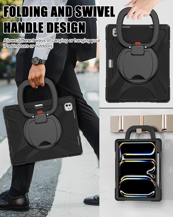 BRAECN Case for iPad Pro 13 Inch M5 2025 / M4 2024, Heavy Duty Rugged Silicone Cover with Built-in Pencil Holder, Shoulder Strap, 360° Rotating Handle Grip, Stable Kickstand for iPad Pro 13”, Black