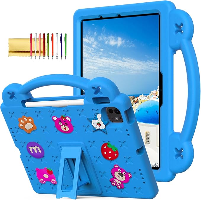 Dteck iPad Air 13"/Pro 13" 2024 M4/Pro 12.9 6th/5th/4th/3rd Gen Case, Strawberry Panda Shockproof Rugged Lightweight Convertible Stand With Handles, Kid-Friendly, Sky Blue