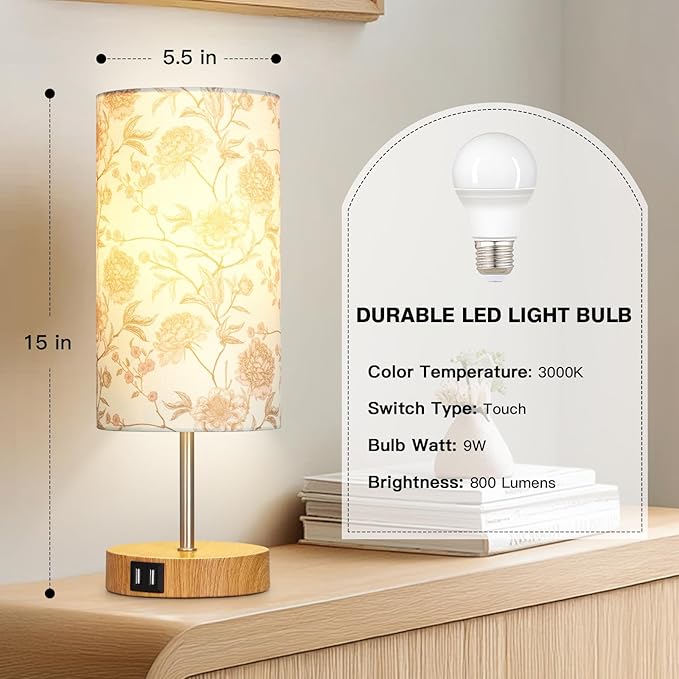 CINSARY Bedside Touch Lamp with Flower Fabric Shade, 3 Way Dimmable Wood Bedroom Lamp for Nightstand with 2 USB Charging Ports, Small Table Lamp for Living Room Reading Desk (LED Bulb Included)
