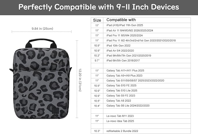 Dadanism 9-11 Inch Tablet Sleeve Bag Carrying Case with Shoulder Strap for iPad (A16) 11", iPad 10th Gen 10.9", iPad Air M4/Pro M5 11", iPad 9/8/7th 10.2", Galaxy Tab A11+ Plus 11", Leopard Black