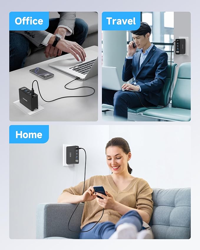 TOPADRE 100W USB C Charger for MacBook, 4-Port PD Fast USBC Charger with LED Display, GaN Compact Foldable Charging Station for MacBook Pro/Air, iPad Pro, for iPhone 17/16 Pro Max, Galaxy S25, Black