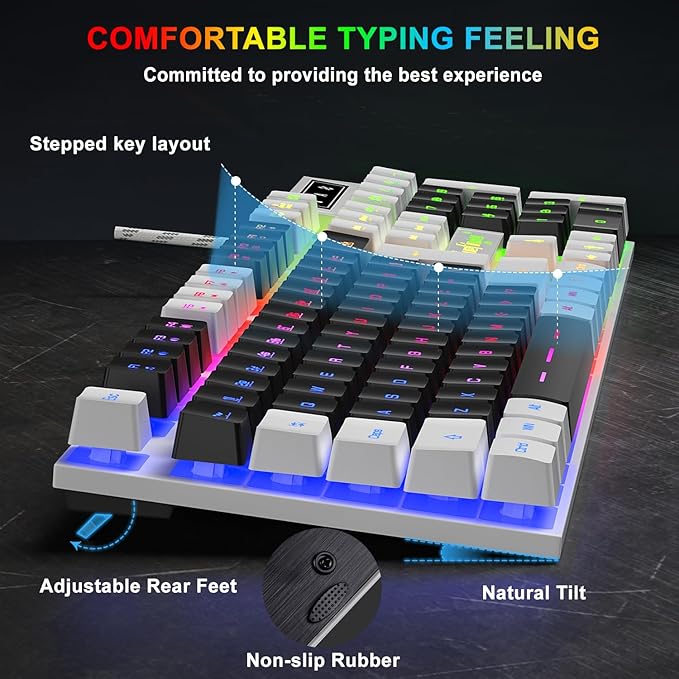 BlueFinger RGB Gaming Keyboard and Backlit Mouse Combo, USB Wired, LED Gaming Set for Laptop PC Computer Game and Work (White & Black)