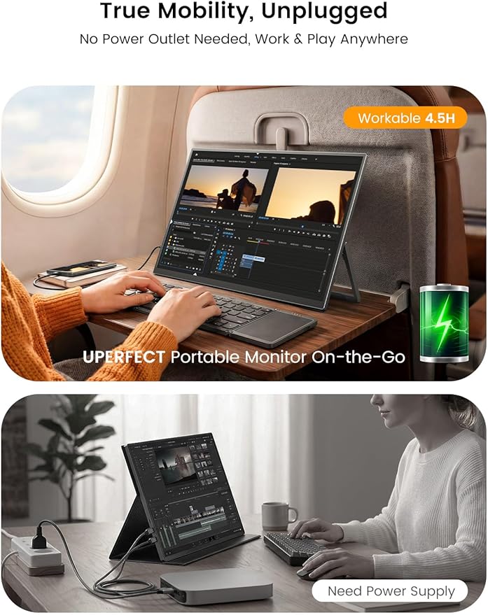 UPERFECT Portable Monitor Touchscreen 15.6'', Laptop Monitor with Bluetooth Keyboard, Built-in 8000mAh Battery | Adjustable Stand | Speakers, Ultra-Slim External Screen for Phone, Game Console