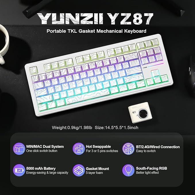 YUNZII YZ87 Gasket Mechanical Keyboard,TKL Wireless Hot Swappable with 5-Layer Padding, BT5.0/2.4G/USB-C NKRO RGB Backlit for Win/Mac(White Line, Milk Switch)