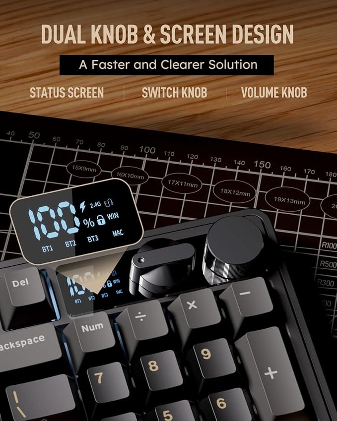 RK ROYAL KLUDGE M100 Mechanical Keyboard w/Screen & Dual Knobs, 96% Tri-Mode Gasket Mount Wireless Gaming Keyboard with Number Pad, Hot Swappable Cream Switch, Black