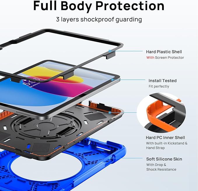 Gerutek Case for iPad (A16) 11th/10th Generation 11"/10.9" (2025/2022), Heavy Duty Shockproof Protective Case with Screen Protector, 360° Rotating Stand, Hand/Shoulder Strap, Pencil Holder - Blue