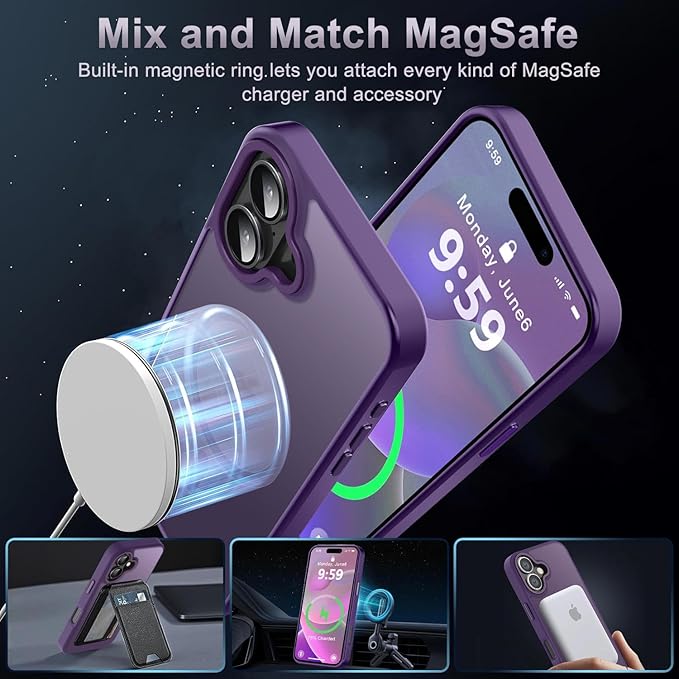 Newfuture Designed for iPhone 16 Case with Magnetic [13 FT Military Drop Protection] [Compatible with Magsafe] Slim Translucent Matte Shockproof with Anti-Fingerprint Phone Case, Deep Purple