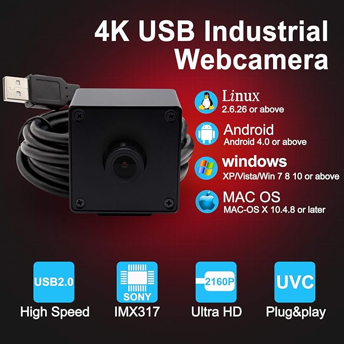 3840x2160 4K Video Surveillance USB Camera 4K Webcam with Sony IMX317 Sensor Webcamera for Industrial, 30fps USB Webcam Built in Microphone Mini Camera with Mini Case Support Most OS Web Cams