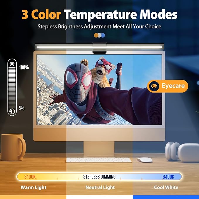 Computer Monitor Light,Screen Monitor Light Bar with Backlight for Eye Caring, E-Reading LED Task Lamp with Color/Dimming Adjustment,Touch Control,No Screen Glare Space Saving Home Office Lamp