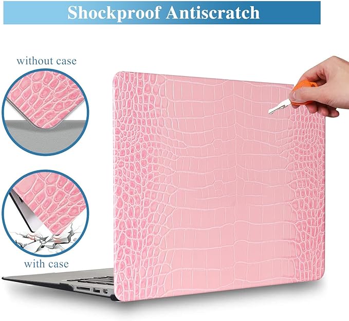 Compatible with Crocodile MacBook Air 13 inch Case 2021 2020 2019 2018 M1 A2337 A2179 A1932, Textured Elegant Luxury Aligator Skin Snakeskin PU Leather Hardshell Case & Keyboard Cover, Pink
