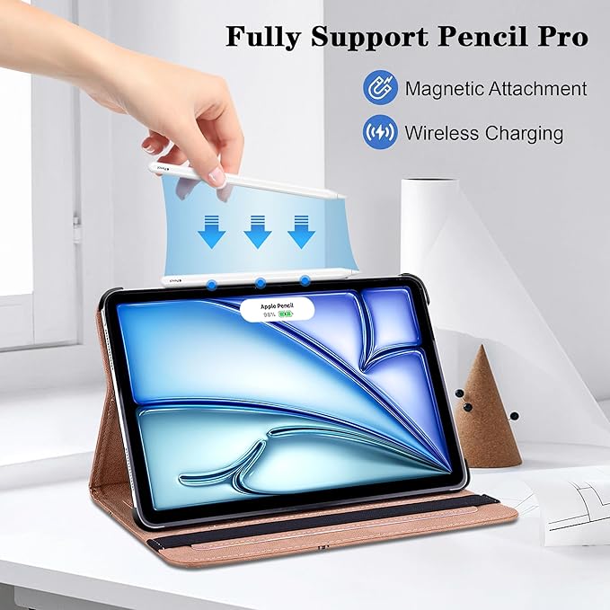 Compatible with iPad Air 11 Inch Case 8th/7th/6th Generation (M4/M3/M2) 2026/2025/2024, for iPad Air 5th/4th Generation Case 10.9 Inch 2022/2020 with Pencil Holder & Card Slots - Silver Flower