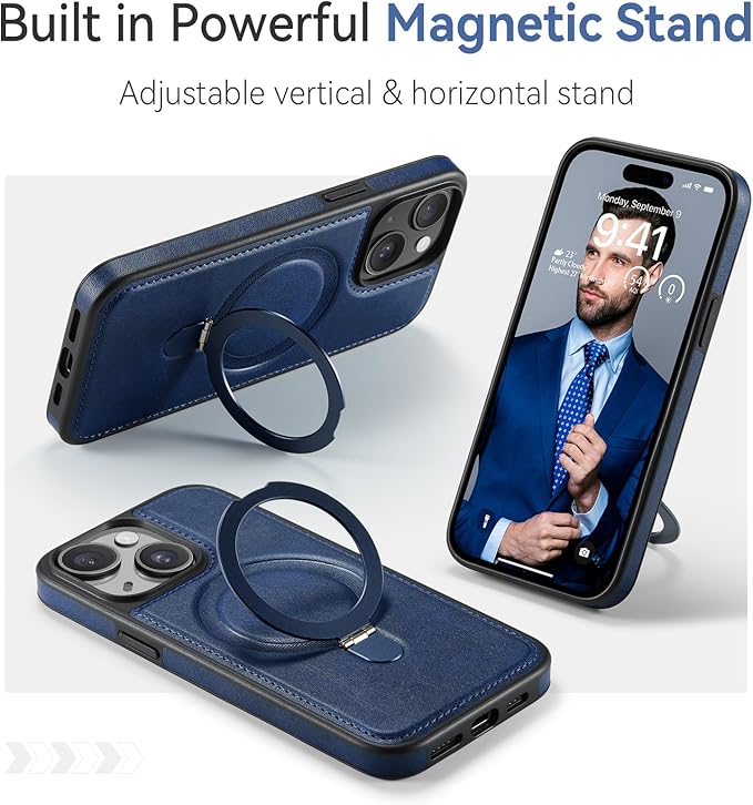 for iPhone 14 Plus Case with Stand Compatible with Magsafe Slim PU Leather & Durable TPU Drop Proof Magnetic Kickstand Protective Cover with Tempered Glass Screen Protector 6.7", Blue