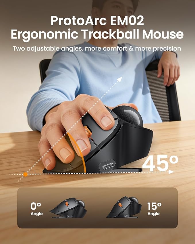ProtoArc Wireless Bluetooth Trackball Mouse, EM02 Two Adjustable Angle Ergonomic Rechargeable Computer Ball Mouse, 3 Device Connection, Thumb Control and Smooth Tracking for Laptop, PC, Mac-Gray
