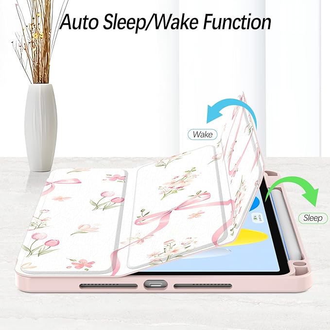Case for iPad Pro 11 inch 4th/ 3rd/ 2nd / 1st Generation (2022/2021/2020/2018), Case with Pencil Holder, Clear Back Cover Cute Cool Design for Women Girls, Auto Sleep/Wake, Bow Tulip