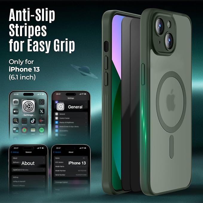 Symcele Designed for iPhone 13 Case, Compatible with MagSafe, with Privacy Screen Protectors X2, [Camera Protection] [15FT Military Drop Protection] Shockproof Phone Case, 6.1", Alpine Green