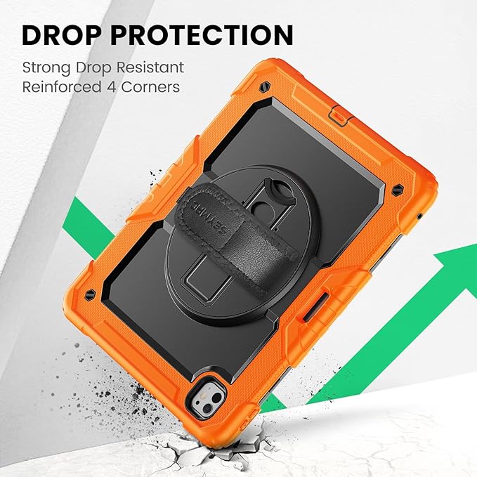 SEYMAC Case for iPad Pro 13 Inch M5 2025 / M4 2024, Heavy Duty Shockproof Protective Case with Screen Protector, 360° Rotating Stand, Hand/Shoulder Strap and Pen Holder, Orange