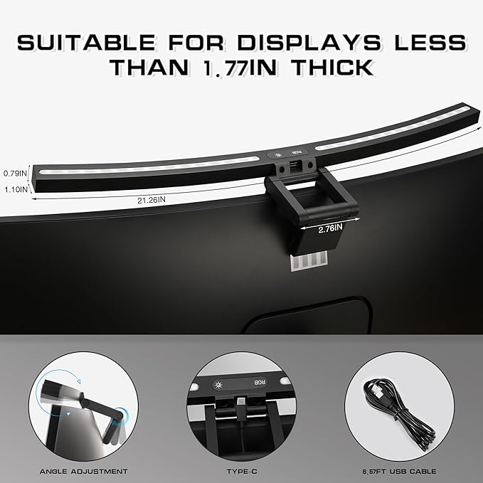 Curved Monitor Light Bar with RGB Backlight, 3 Color Temperature and Stepless Dimming, Music Sync LED Screen Strip with Touch Control Buttons for Computer Screens