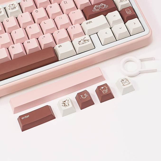 Milk Strawberry Cute Pink Keycaps - 134 Keys PBT Dye-Sublimation Keycaps, Cherry Profile - Kawaii Cow & Milk Cartoon Illustrations, Compatible with 60% 65% 75% 80% 100% Mechanical Keyboards