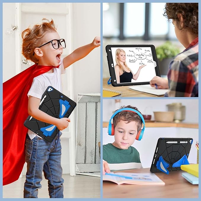 AKABEILA Compatible with Apple iPad 10.2 7th 8th 9th(2019/2020/2021) Tablet Case，Lightweight Shockproof Rugged Protective Cover with Kickstand for Kids Children Boys Babies Black Blue