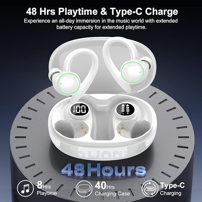 Wireless Earbuds, Bluetooth 5.4 Headphones Sport, Over Ear Buds With ENC Noise Cancelling Mic, 48H, Wireless Earphone With Earhooks, Stereo Deep Bass, IP7 Waterproof Headset for Workout, White