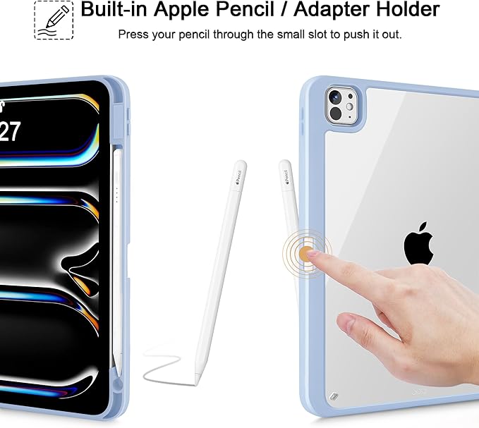 May Chen Case for iPad Pro 11-Inch M5/M4 2025/2024 (6th/5th Generation), [Penceil Holder] Trifold Stand Auto Wake/Sleep Clear TPU Protection Back Cover, Heart Rabbits