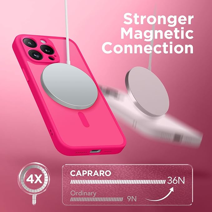 CAPRARO Magnetic for iPhone 15 Pro Case, [Compatible with MagSafe] [Full Camera Protection] Shockproof Protective Slim Translucent Matte Phone Case for iPhone 15 Pro 6.1'', Hot Pink