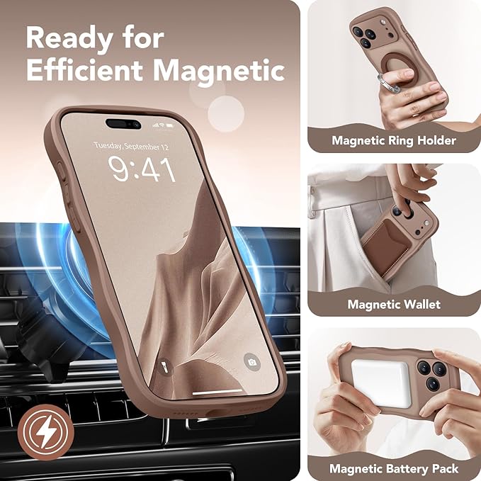 CAPRARO Magnetic for iPhone 17 Pro Case for Women Girls, Upgraded [Full Camera Protection] [Compatible with MagSafe] Cute Wave Translucent Matte Phone Case for iPhone 17 Pro, Brown