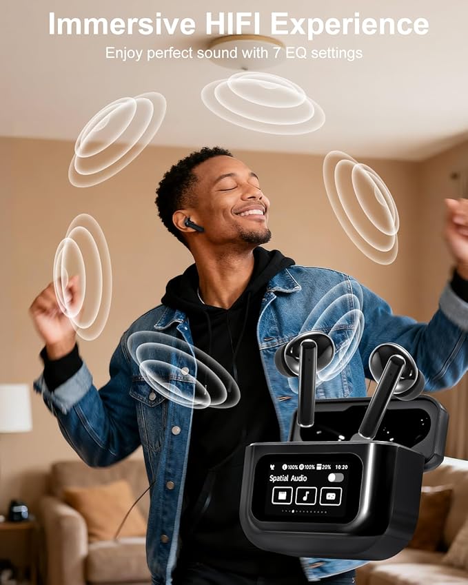 Bluetooth Earbuds with LED Touchsceen, IPX7 Waterproof Wireless Earphones, Hi-Fi Stereo & 68H Playtime, ANC ENC Noise Cancelling, for Work/Running/Trave (Black)