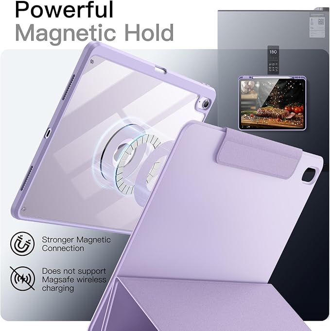 JETech Magnetic Detachable Case for iPad Air 13-Inch M4/M3/M2 (2026/2025/2024) with Pencil Holder, Removable Rotating Clear Cover, Portrait/Landscape Stand with Raised Screen View (Purple)